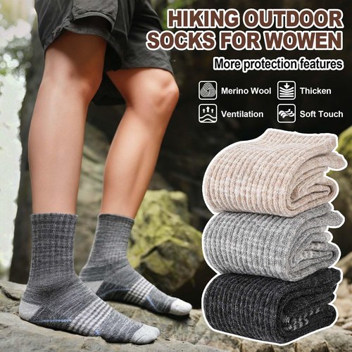 Sandsuced Merino Wool Hiking Socks Thermal Warm Winter Cozy Outdoor Crew Socks 5 Pairs Gift Stocking Stuffers for Women Men(Black/Khaki/Gray,L)