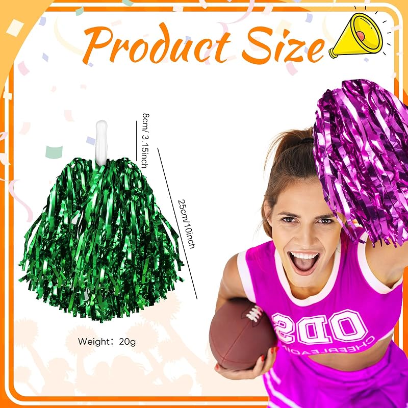 Multicolor 100 Pcs Metallic Cheerleading Pom Poms with Plastic Handles - 13in
