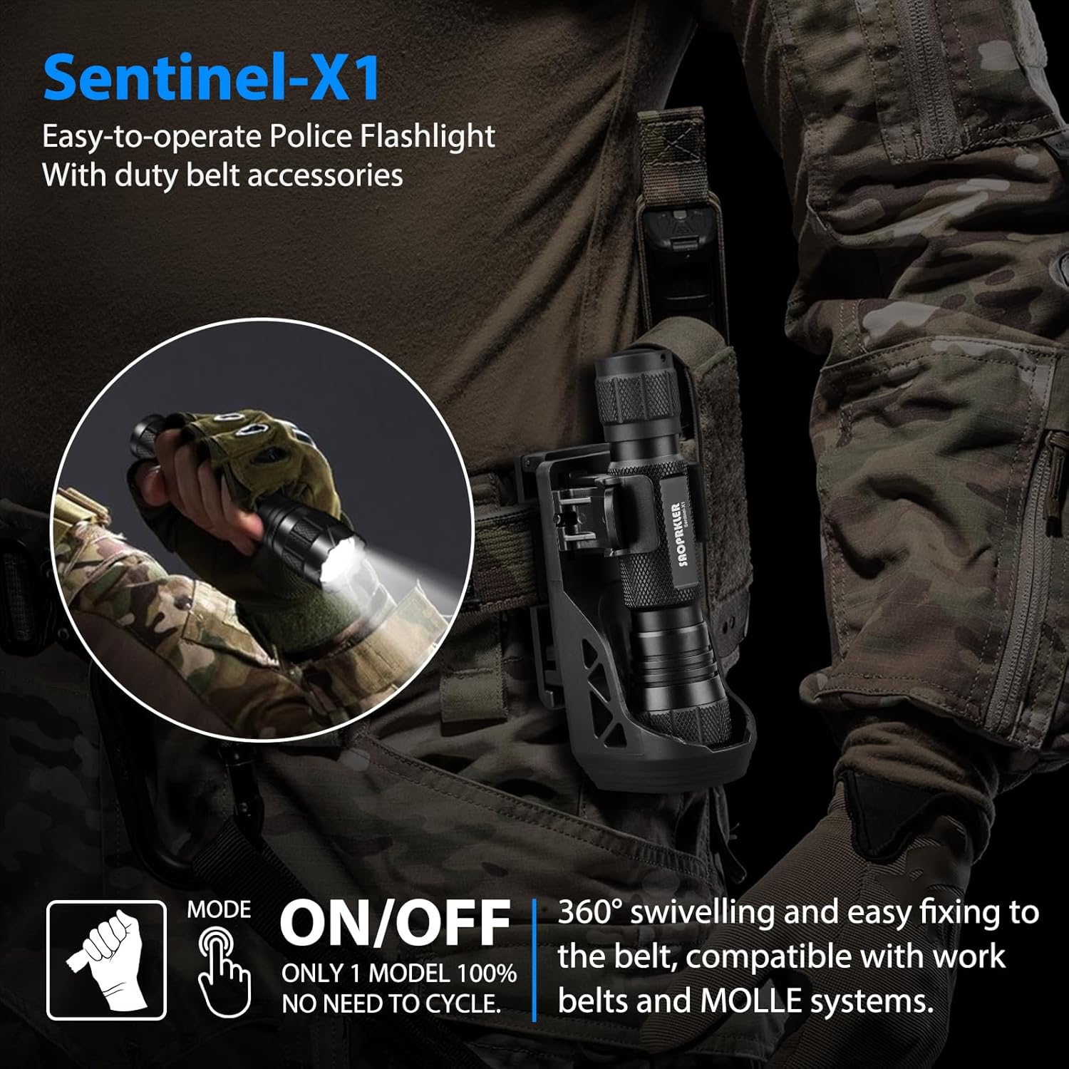 Sentinel-X1 Tactical Flashlight - 1200 Lumen LED with Holster for Duty Belt | Ideal for Camping & Law Enforcement
