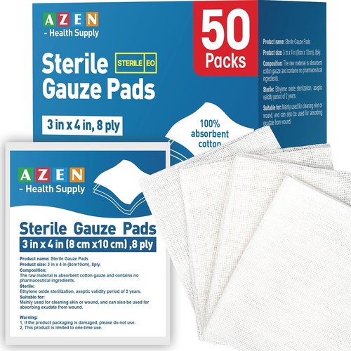 AZEN Sterile Gauze Pads - 50 Pack of 3" x 4" Non-Stick, Highly Absorbent Cotton Sponges for Wound Care