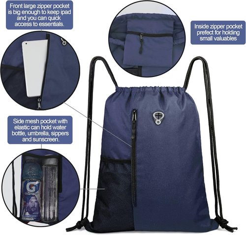 BeeGreen Navy Sports Gym Bag - Large Drawstring Backpack with Zipper Pocket & Mesh Water Bottle Holders