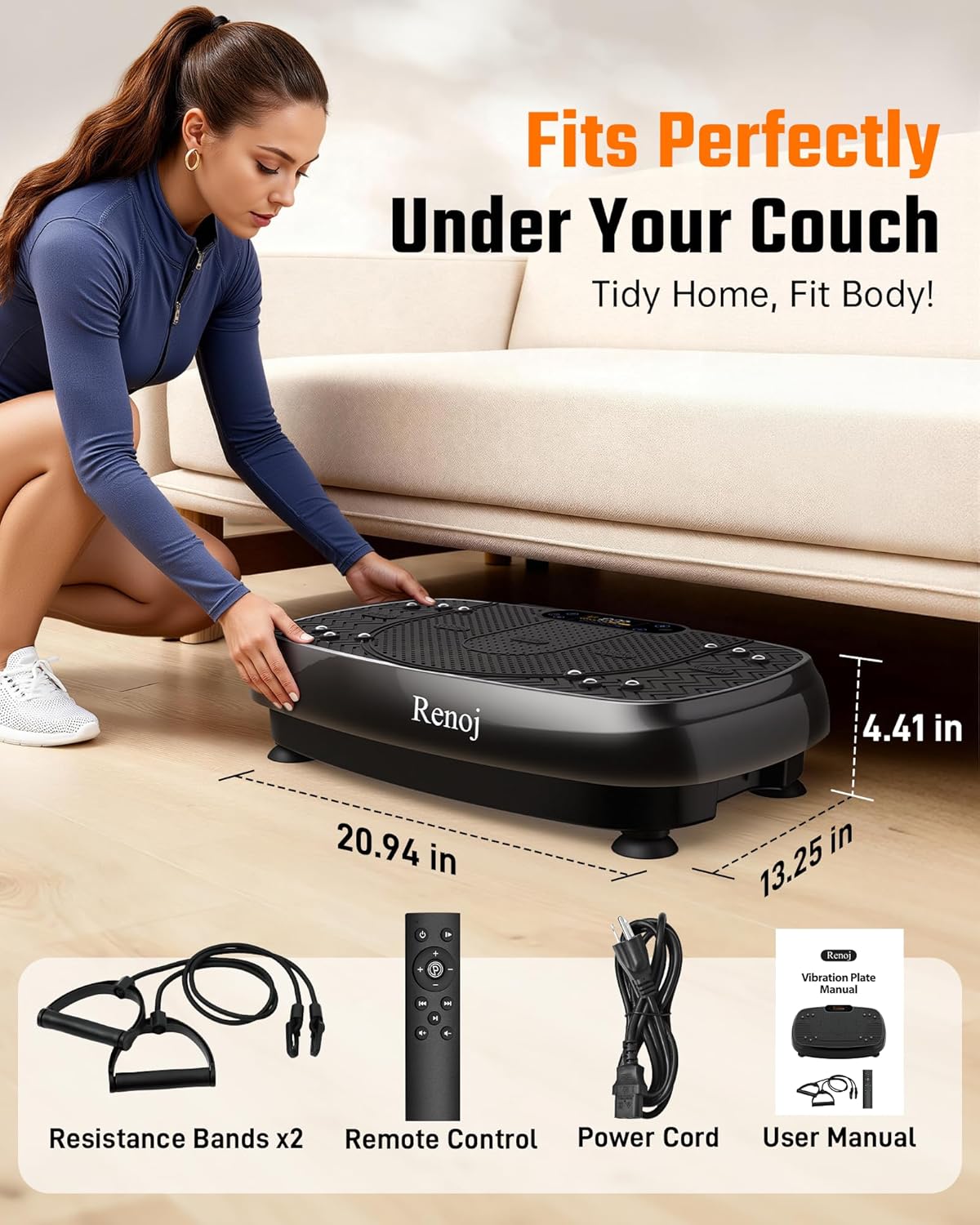 Renoj Vibration Plate Exercise Machine - Full Body Workout Vibrating Platform with LED Display, Speaker & 2 Bands | Black