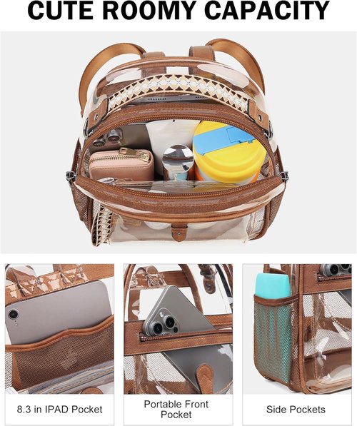 FADEON Clear Small Backpack Purse - Designer Transparent Shoulder Handbag | Stadium Approved PVC Mini Bag