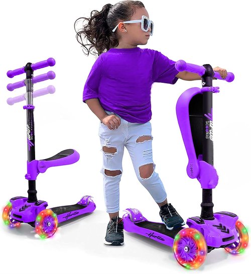 Hurtle 3-Wheeled Kids Scooter - LED Wheel Lights, Adjustable Handlebar, Foldable Seat | Sit or Stand Ride for Ages 1-14