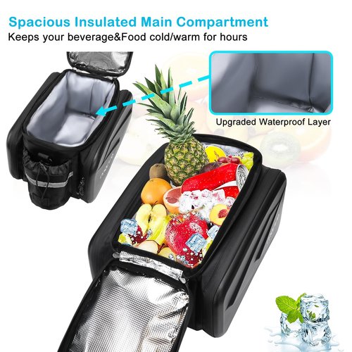 MOSISO Bike Rack Bag Trunk Cooler Handbag, Bicycle Insulated Rear Seat Bag 2 Side EVA Pockets with Side Foldable Panniers, 8L Cycling Backseat Storage Cargo Luggage Pouch with Shoulder Strap, Black