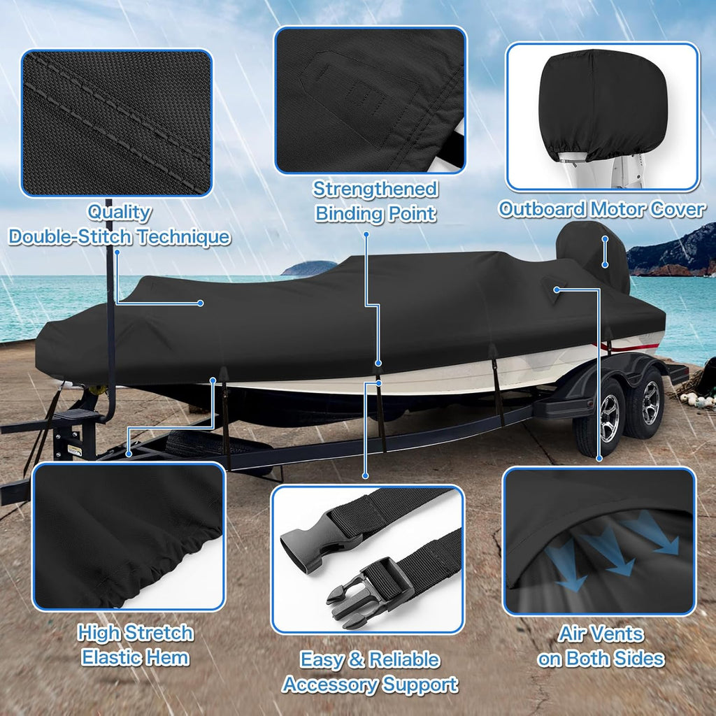 Solim Waterproof 1200D PU Boat Cover - Heavy Duty Marine Grade for 14-16ft V-Hull, Runabout, Fishing | Black