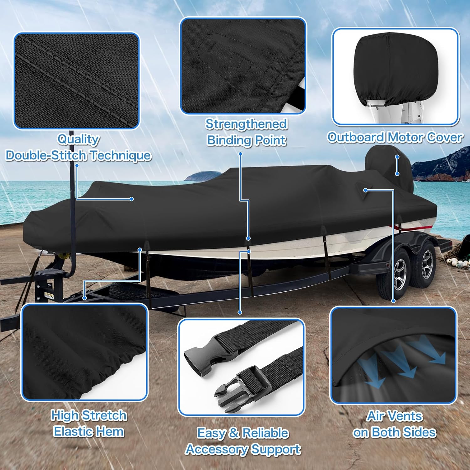 Solim Waterproof 1200D PU Boat Cover - Heavy Duty Marine Grade for 14-16ft V-Hull, Runabout, Fishing | Black