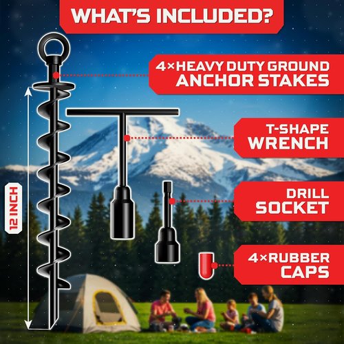 Happin® Heavy-Duty Trampoline Stakes - Galvanized Steel Ground Anchors | 4 Pack Spiral, Black