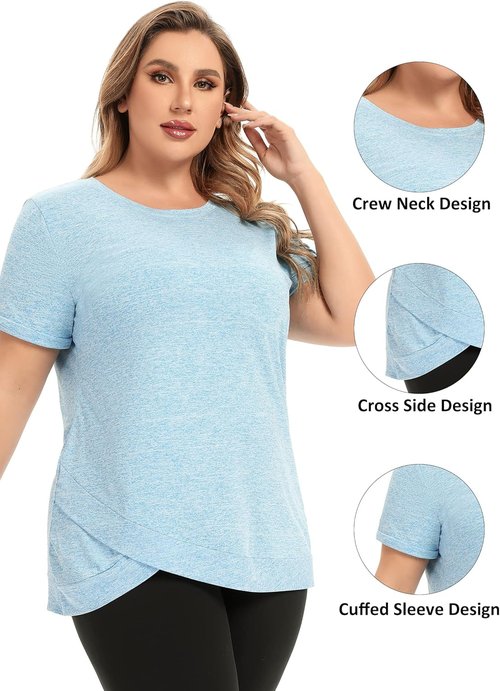 FOREYOND Women's Plus Size Workout Tops - Short Sleeve Loose Fit Athletic Shirts for Yoga & Gym