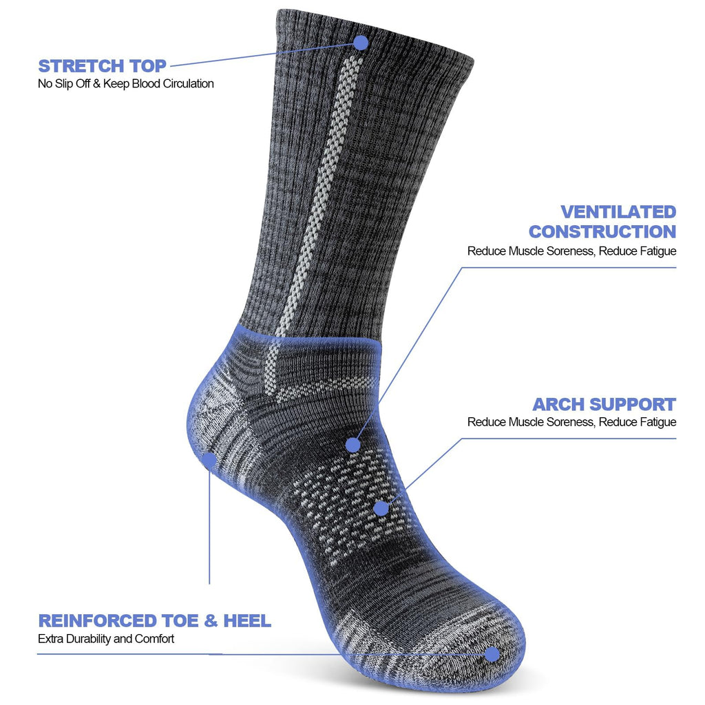 Niorasen Men's Cotton Crew Work Socks, 5 Pairs Cushioned Boot Moisture Athletic Socks for Hiking Sports Running