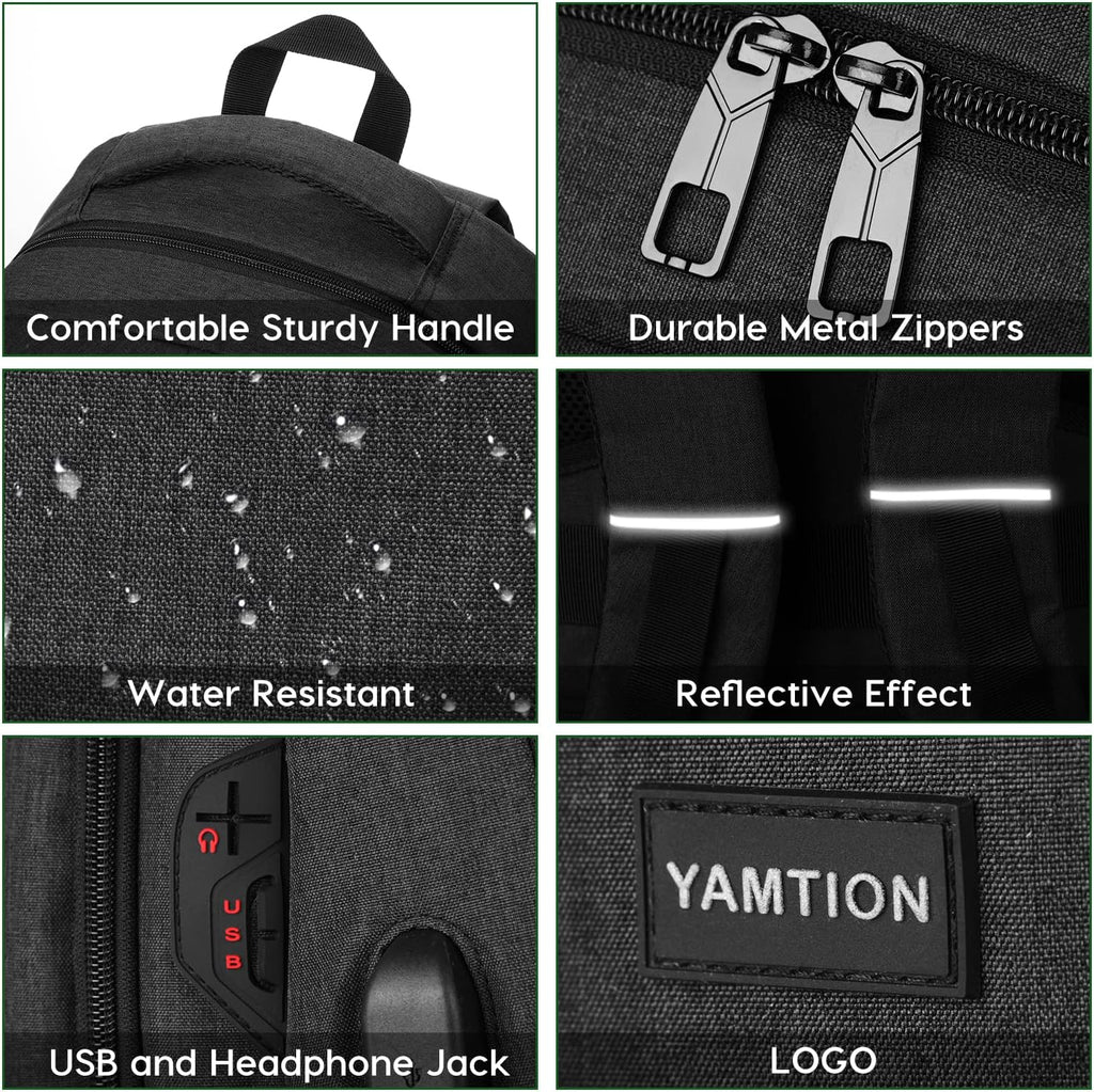 YAMTION Black Backpack - Versatile Laptop Bag with USB Port for School & Work | Unisex Design