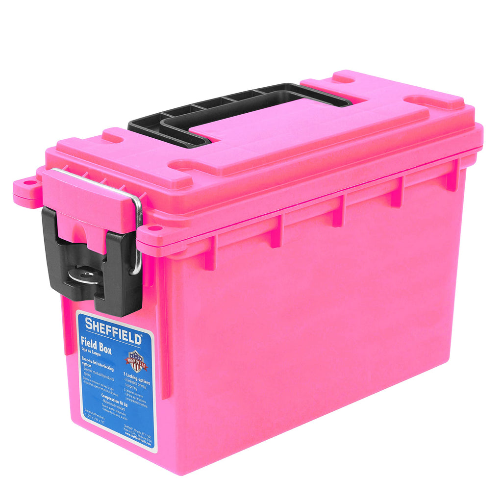 Sheffield 12631 Ammo Storage Box, Stackable .30 Cal Field Boxes, Water and Dust Resistant, Lockable Storage Box with Handle, Secures Hunting Gear, Supplies, and Bullets, Made in USA, Pink, 1-Pack