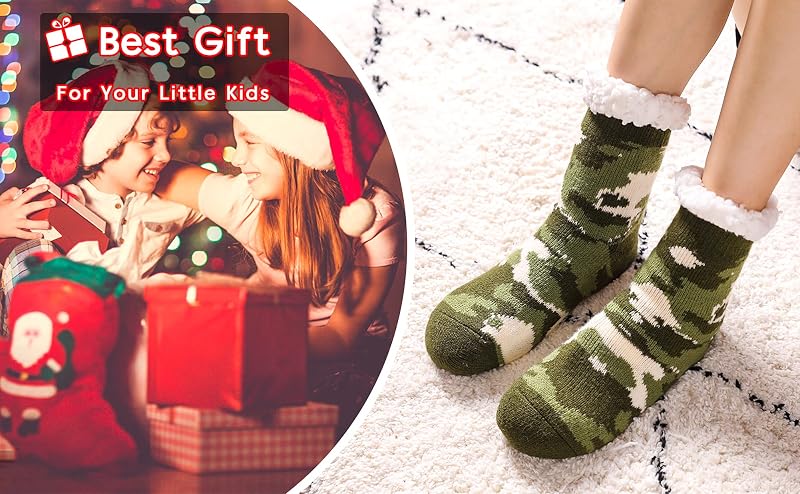 Green Camouflage DoSmart Kids Fuzzy Slipper Socks – Warm Plush Indoor Winter Stockings (8-12 Years)