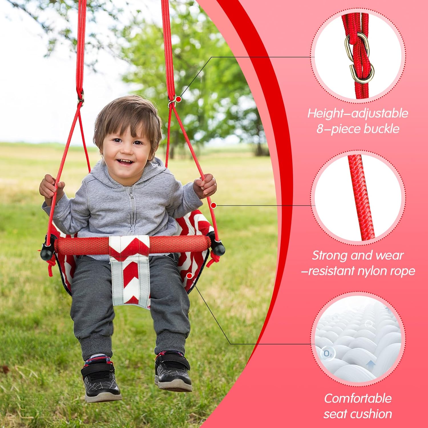 Skiennix Toddler Swing - Comfy Indoor/Outdoor Baby Swing Seat with Safety Harness & Quick Lock System (Red)