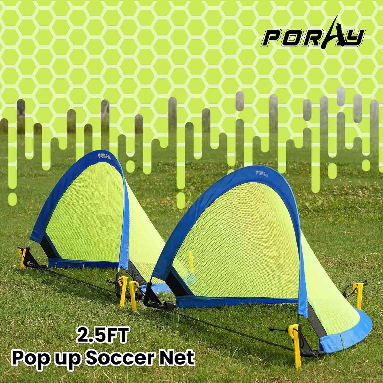 Poray Soccer Goal Set - Portable 210D Oxford Soccer Nets with 8 Field Marker Cones & Extra Stakes | Ideal for Kids' Backyard Training
