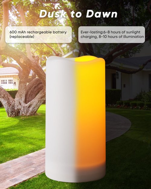 Homemory Solar Powered Candles Outdoor Waterproof, Flickering Glow, Rechargeable Solar Powered Candles for Outside, Lanterns, Sensor Only, Dusk to Dawn, Set of 6