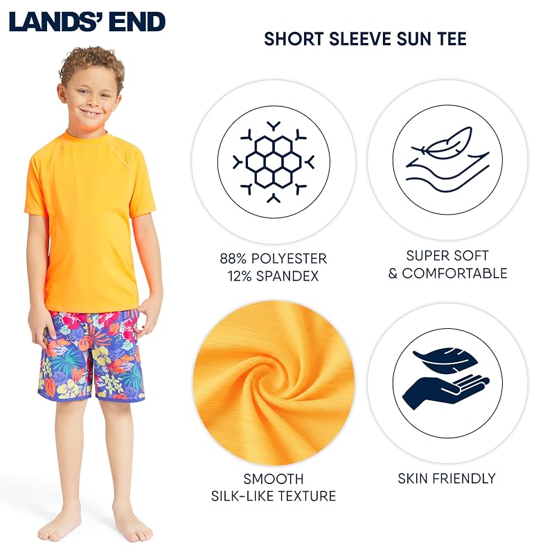 Lands' End Boys' Sun-Protection Rash Guard Tee UPF 50+ Shocking Orange Medium