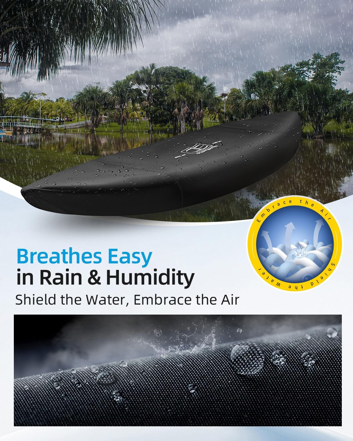 OCEANBROAD Kayak Cover - Water-Resistant & UV-Resistant Dust Protection for 9.3-10.5ft Kayaks | 300D Black
