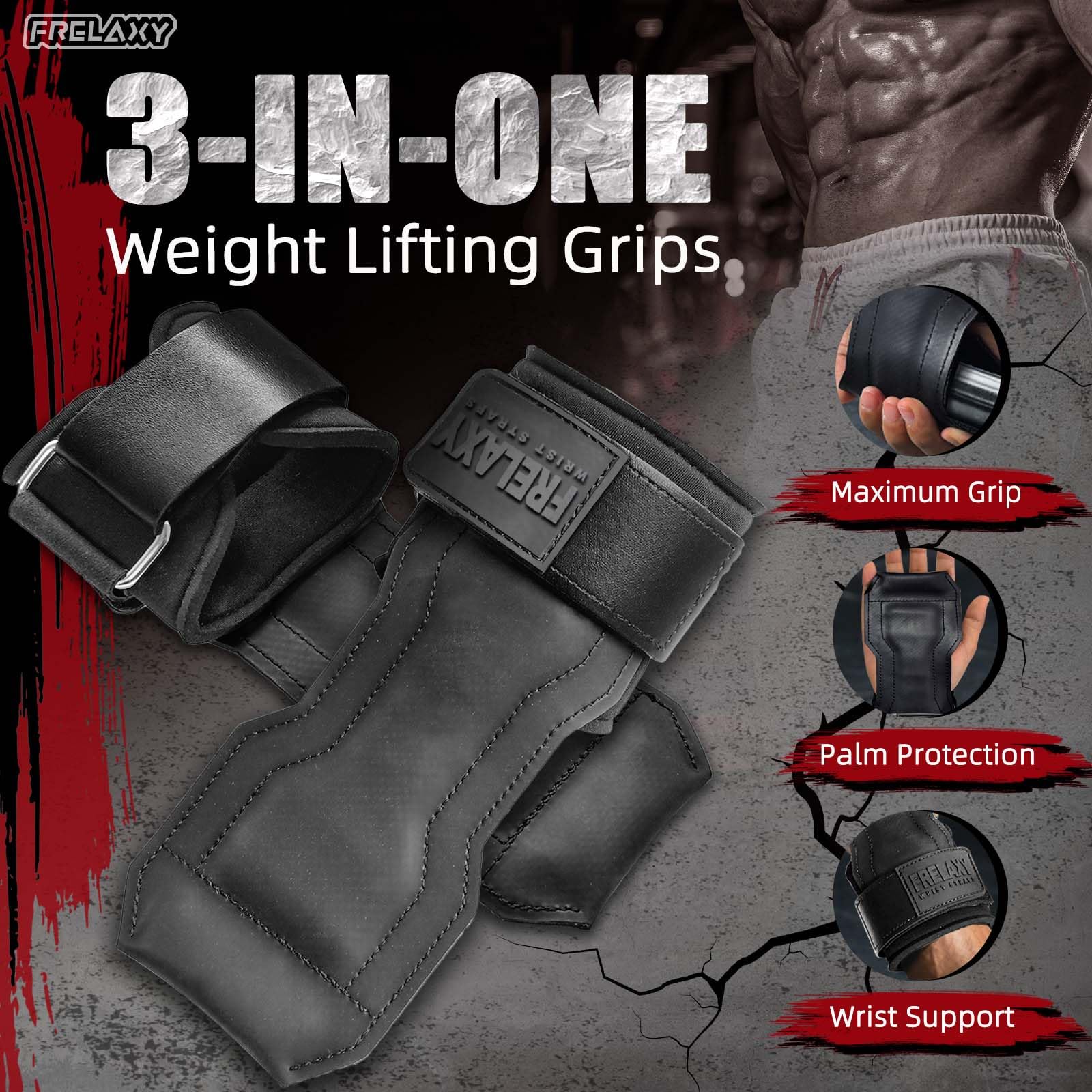 Frelaxy Lifting Wrist Straps, Rubber Weight Lifting Grips with Non-Slip Palm & Wrist Wraps Support for Deadlifts, Pull Ups, Rows, Heavy Powerlifting, Lat Pulldowns