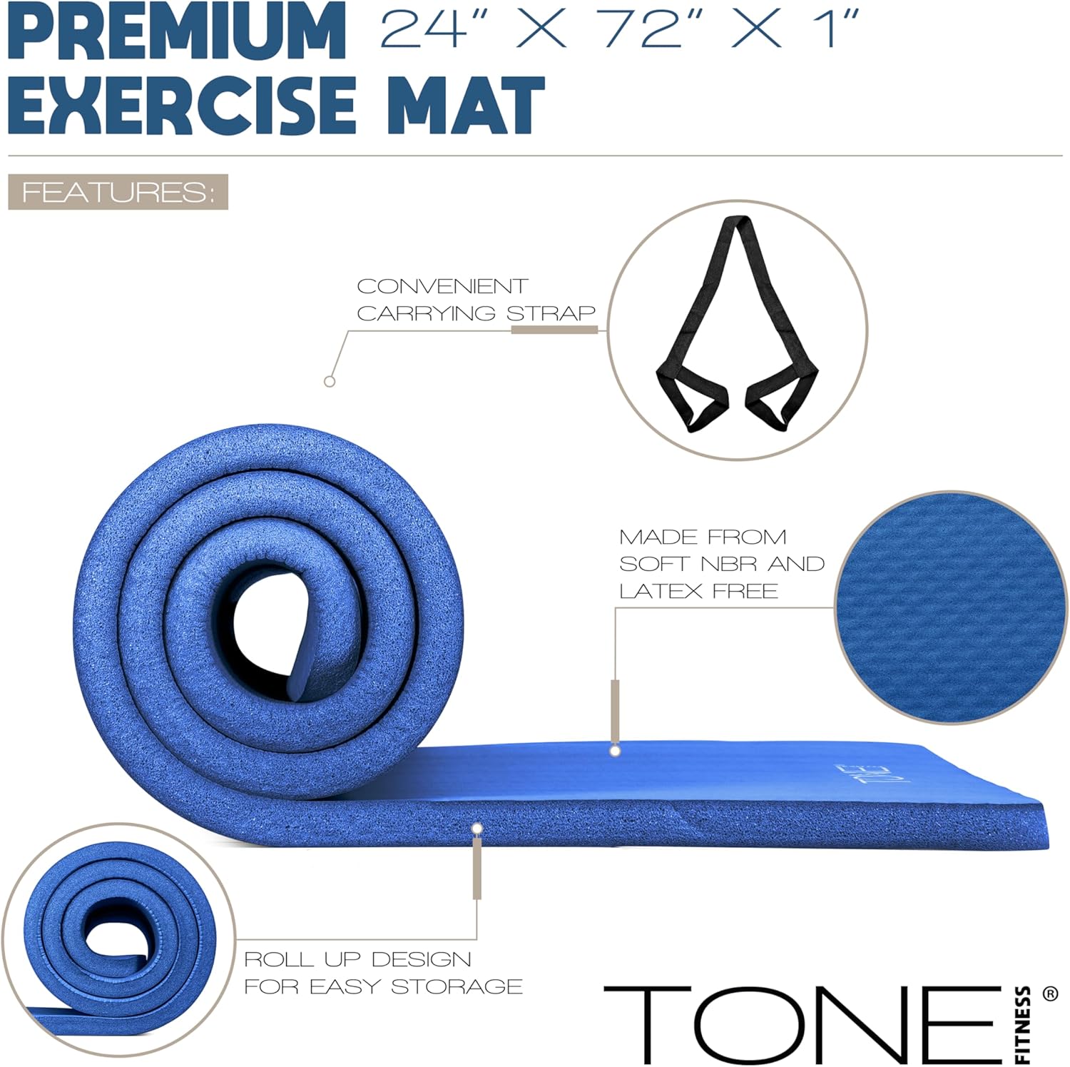 Tone Fitness Yoga Mat - 1-Inch Thick, High-Density Non-Slip Design with Carrying Strap | Ideal for Yoga, Pilates & Home Workouts