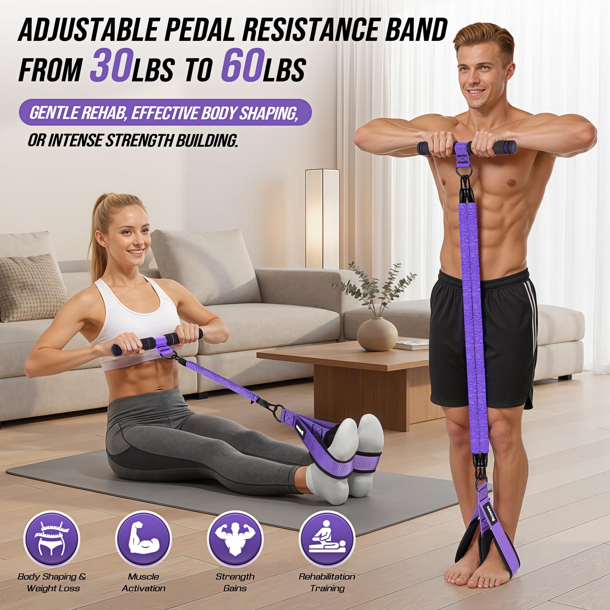 Upgrade Pedal Resistance Band with Handle, Adjustable Tube Foot Pedal Device Puller Exercise Bands, for Abs Arm Leg Waist Workout, Core Pilates, Sit Up Fitness Equipment for Full Body Training