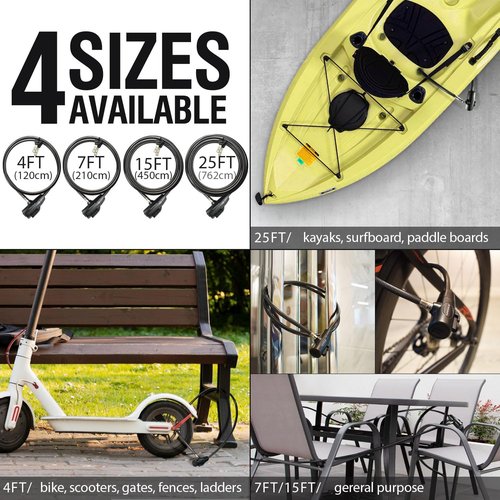 MARQUE Bike Lock with Key - Durable 3/8” Straight Cable Lock for Bicycles, Scooters & More | 4Ft, 7Ft, 15Ft, 25Ft