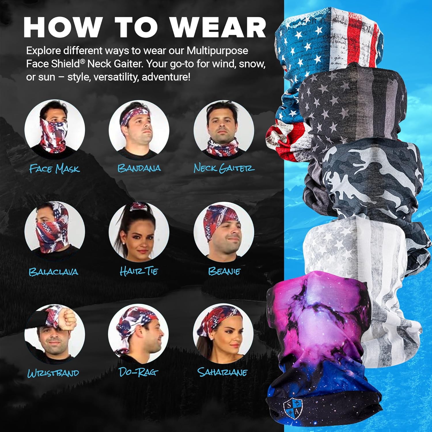 SA Company 5-Pack UV Face Shield - UV 30+ Multipurpose Neck Gaiter Balaclava for Adults | Various Colors