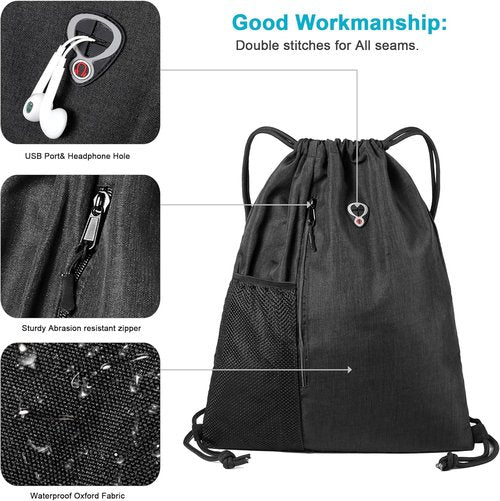 BeeGreen Large Black Drawstring Backpack | Versatile Gym Bag with Water Bottle Pocket & Zippered Front Pocket