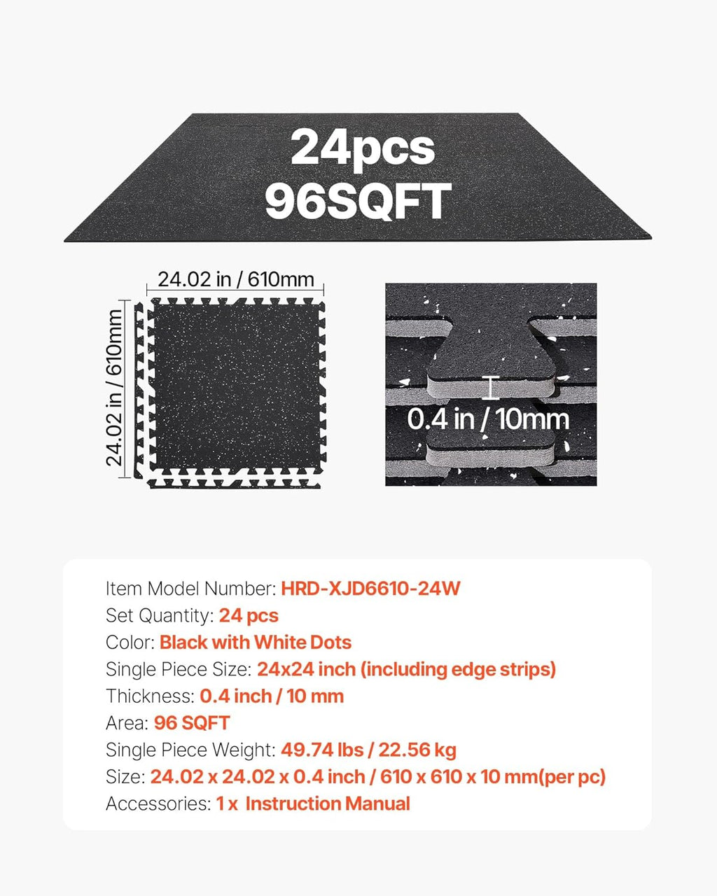 VEVOR Gym Flooring Tiles - 0.4 Inch Thick Interlocking Rubber Mats | 24 x 24 Inch, Black & White, 96 sq.ft