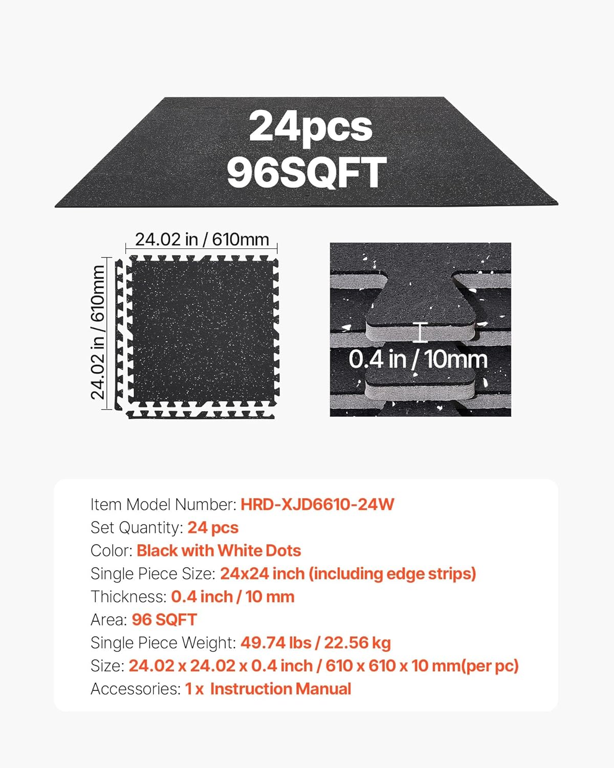 VEVOR Gym Flooring Tiles - 0.4 Inch Thick Interlocking Rubber Mats | 24 x 24 Inch, Black & White, 96 sq.ft