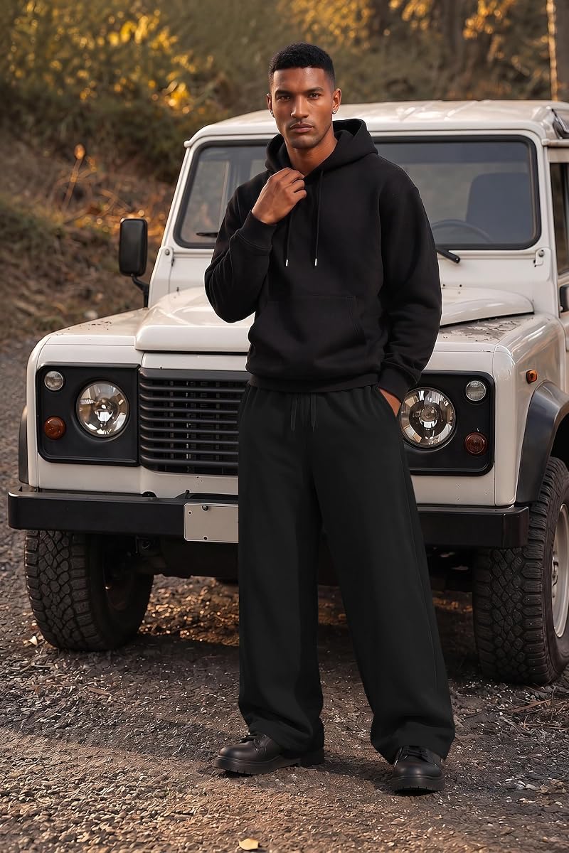 Baggy Sweatpants for Men – Cotton Fleece Wide-Leg Open Bottom, Elastic Drawstring, Deep Pockets (1-Black Large) - COOFANDY