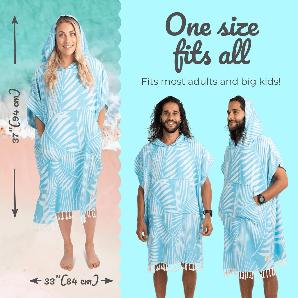 Nova Blue Surf Poncho – Tropical Blue Palm Leaves Towel Poncho – Large Changing Towel (33 x 37) – 100% Turkish Cotton Hooded Towel Adult for Surf Beach Pool and Swim
