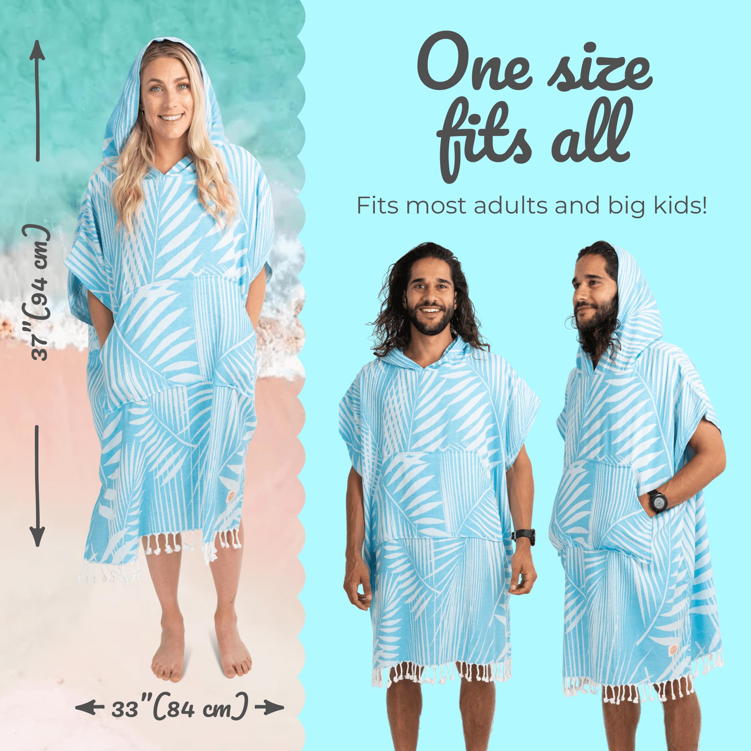 Nova Blue Surf Poncho – Tropical Blue Palm Leaves Towel Poncho – Large Changing Towel (33 x 37) – 100% Turkish Cotton Hooded Towel Adult for Surf Beach Pool and Swim