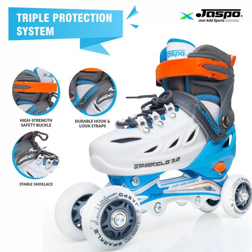 Jaspo Sparkle 2.0 Convertible Adjustable Inline Quad Roller Skates, 2-in-1 Design,Aluminium Chassis, 70Mm Pu 85A Wheels, PVC Shoe, Breathable Mesh-for Kids Youth Blue White, M