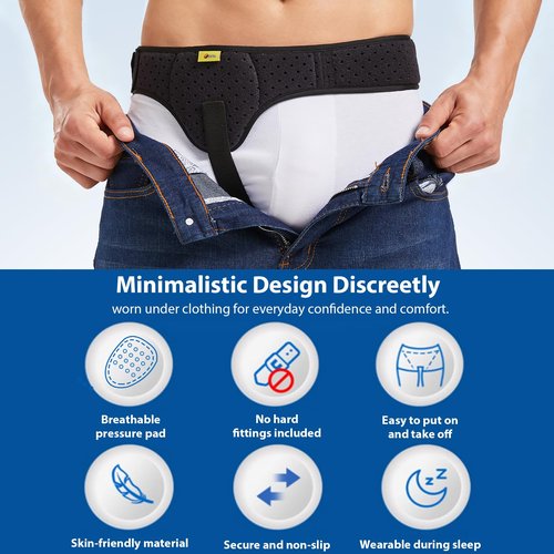 Inguinal Hernia Belt for Men, Medical Grade Hernia Support Truss for Single Inguinal or Sports Hernias, Adjustable Compression Pad & Breathable Waist Strap for Pain Relief, Discreet Left or Right Side