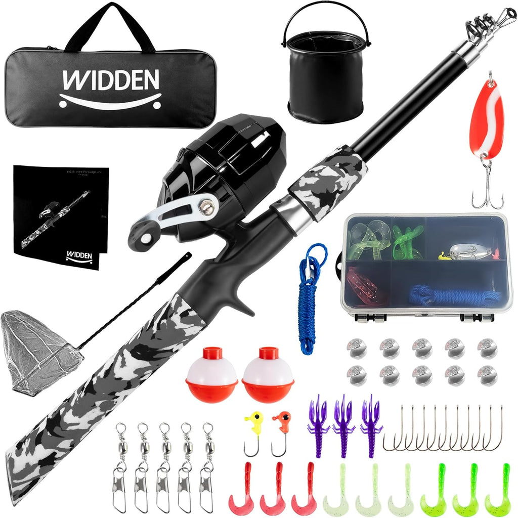 WIDDEN Kids Fishing Pole - Portable Telescopic Rod & Reel Combo Kit with Tackle Box & Net | Ideal for Boys & Girls