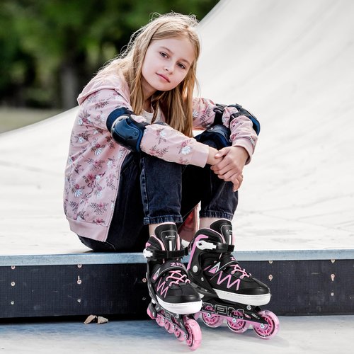 2PM SPORTS Boys Adjustable Inline Skates with Full Light Up Wheels, Fun Beginner Roller Skates for Kids Girls Youth - Pink Large