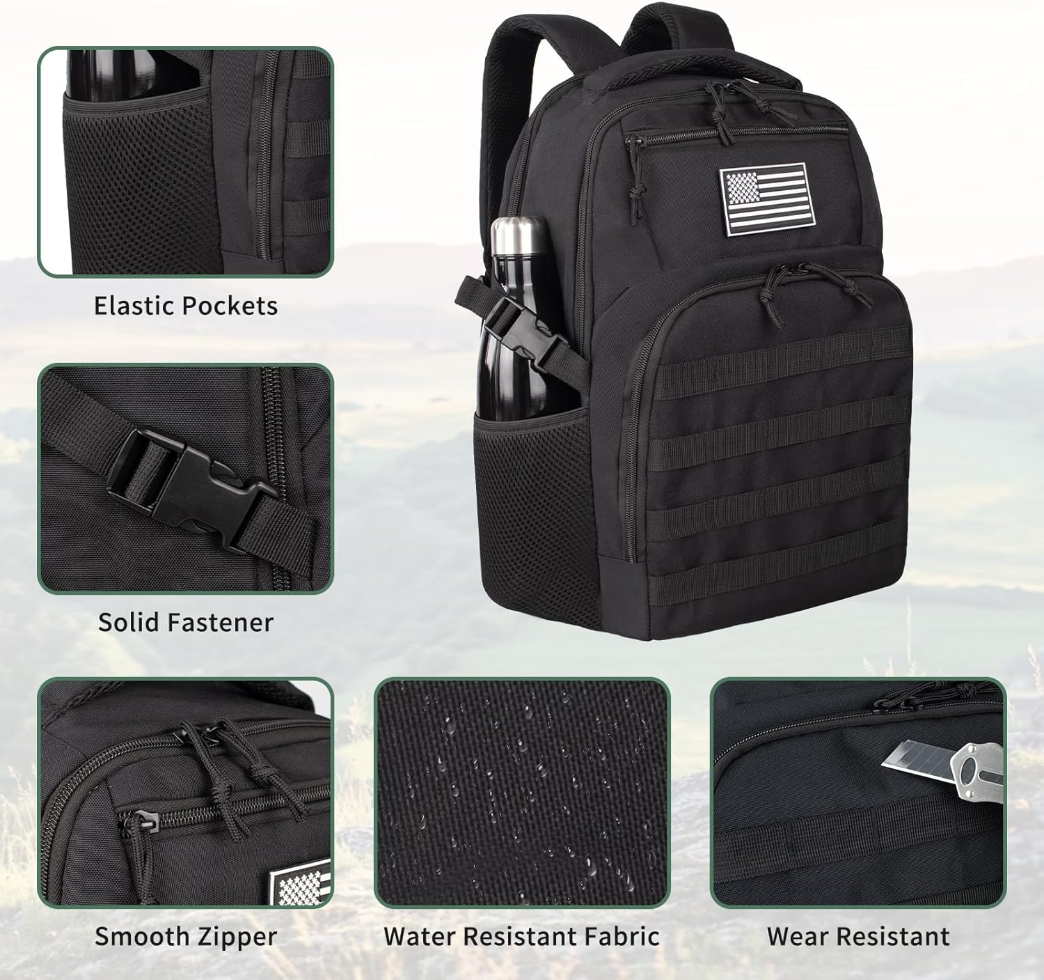 TBNBO Tactical Backpack - 25L Military-Grade Travel Bag with Dual Bottle Holders - Black