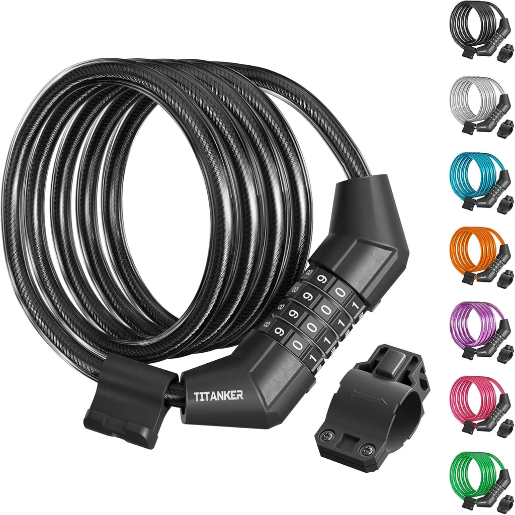 Titanker Bike Lock Cable - 4 Feet Self-Coiling Combination Lock for Kids | Black 5/16 Inch Diameter
