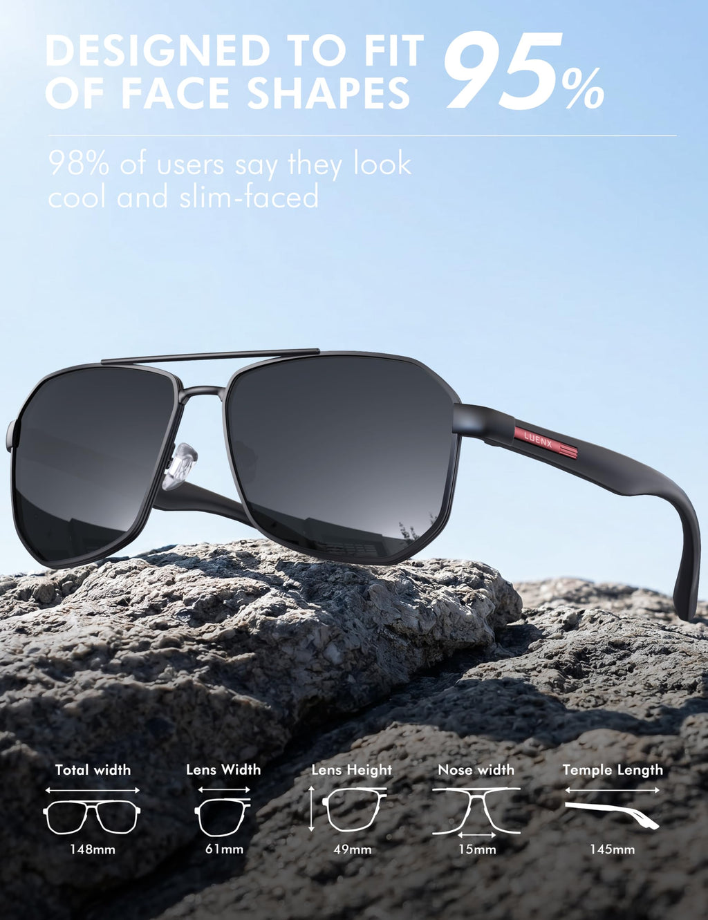 LUENX Aviator Sunglasses for Men Square Polarized Polygon Lens - UV 400 Protection with Accessories Driving Outdoor