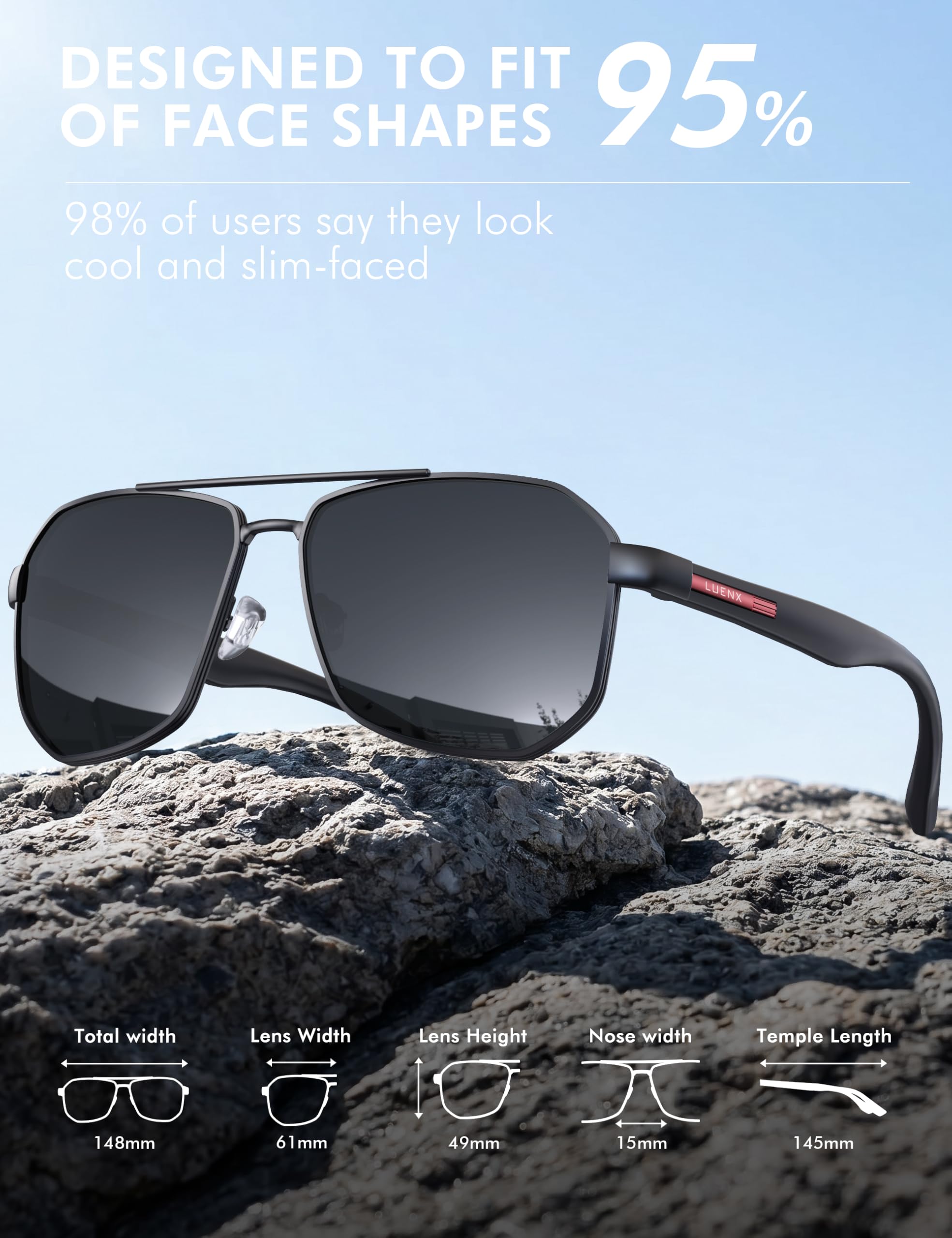 LUENX Aviator Sunglasses for Men Square Polarized Polygon Lens - UV 400 Protection with Accessories Driving Outdoor