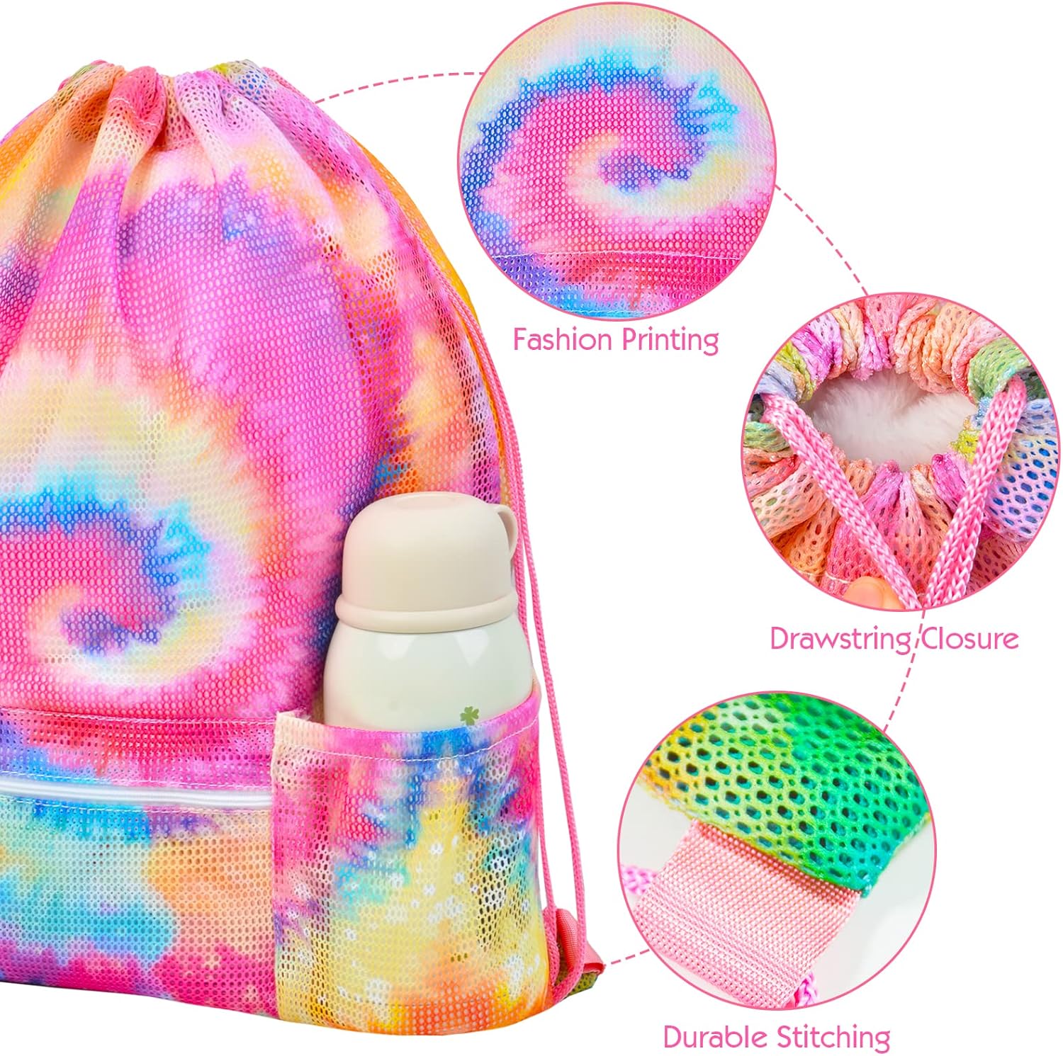 Skiennix Mesh Drawstring Bag - Versatile Beach & Gym Backpack with Zipper Pocket | Tie Dye Design