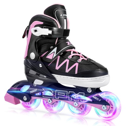 2PM SPORTS Boys Adjustable Inline Skates with Full Light Up Wheels, Fun Beginner Roller Skates for Kids Girls Youth - Pink Large