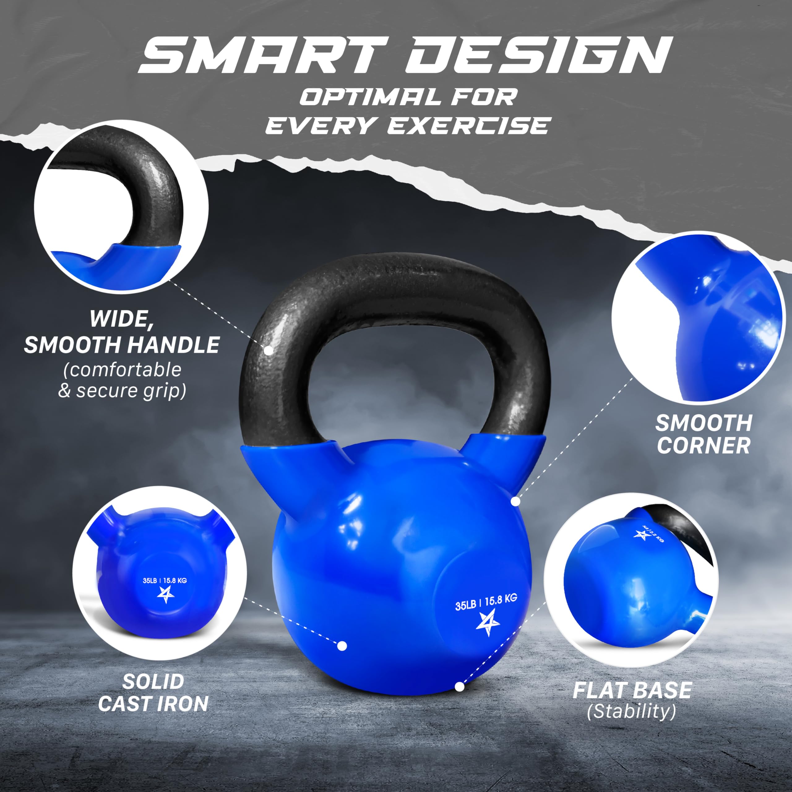 Yes4All 35 lb Kettlebell Weight Vinyl Coated Cast Iron for Dumbbell Weights Exercises, Gym, Fitness, Full Body Workout Equipment Push up, Grip and Strength Training, Blue