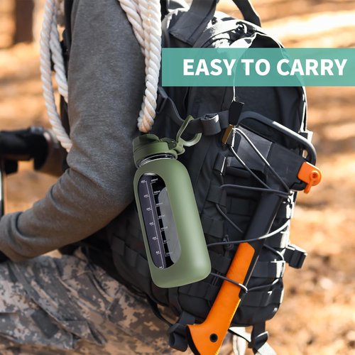 CIVAGO 32 Oz Glass Water Bottle - Motivational Sports Flask with Straw, Time Marker & Silicone Sleeve - Sage