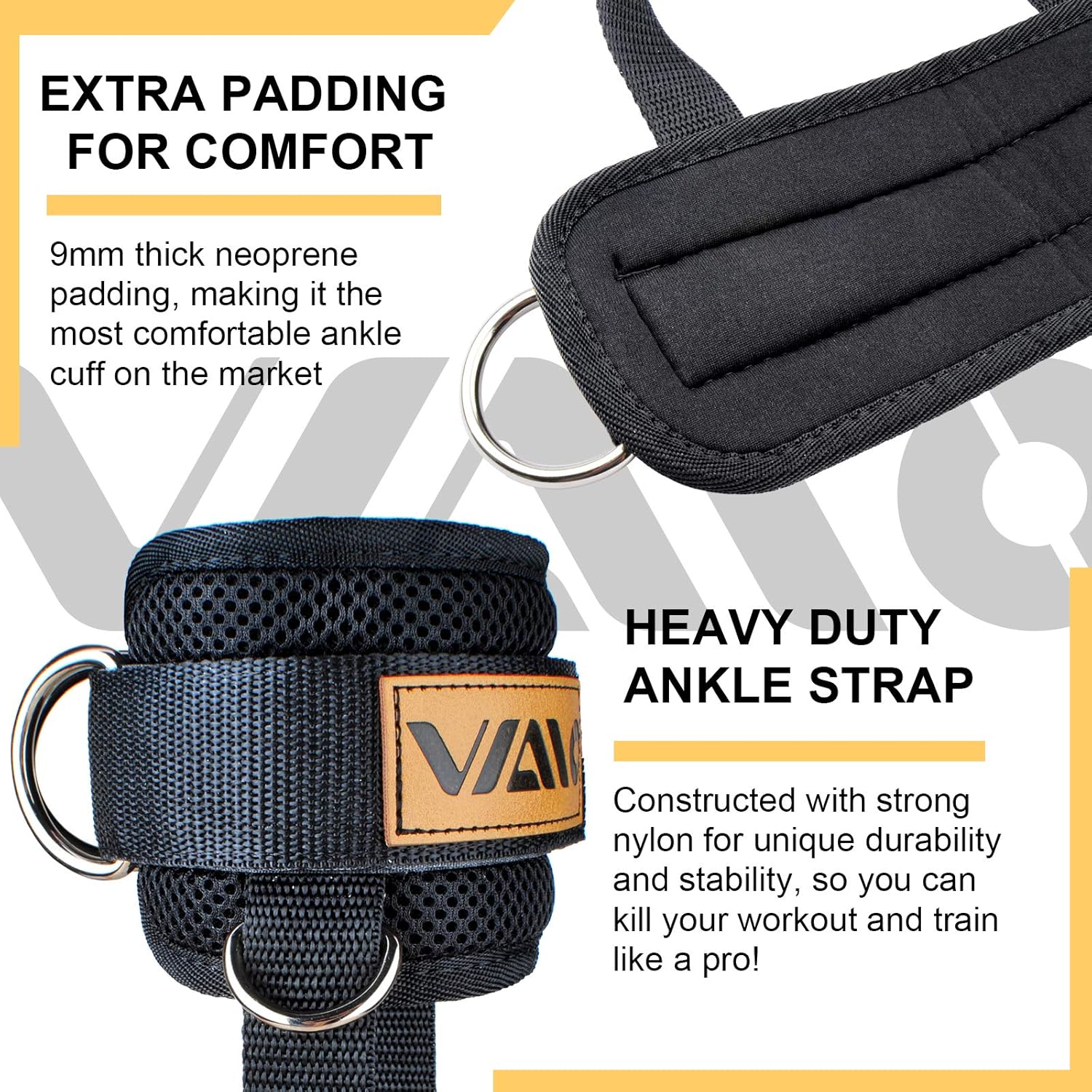VAIIO Ankle Straps for Cable Machines - Adjustable Neoprene Comfort Fit | Premium Double D-Ring Cuffs for Toning Legs & Glutes