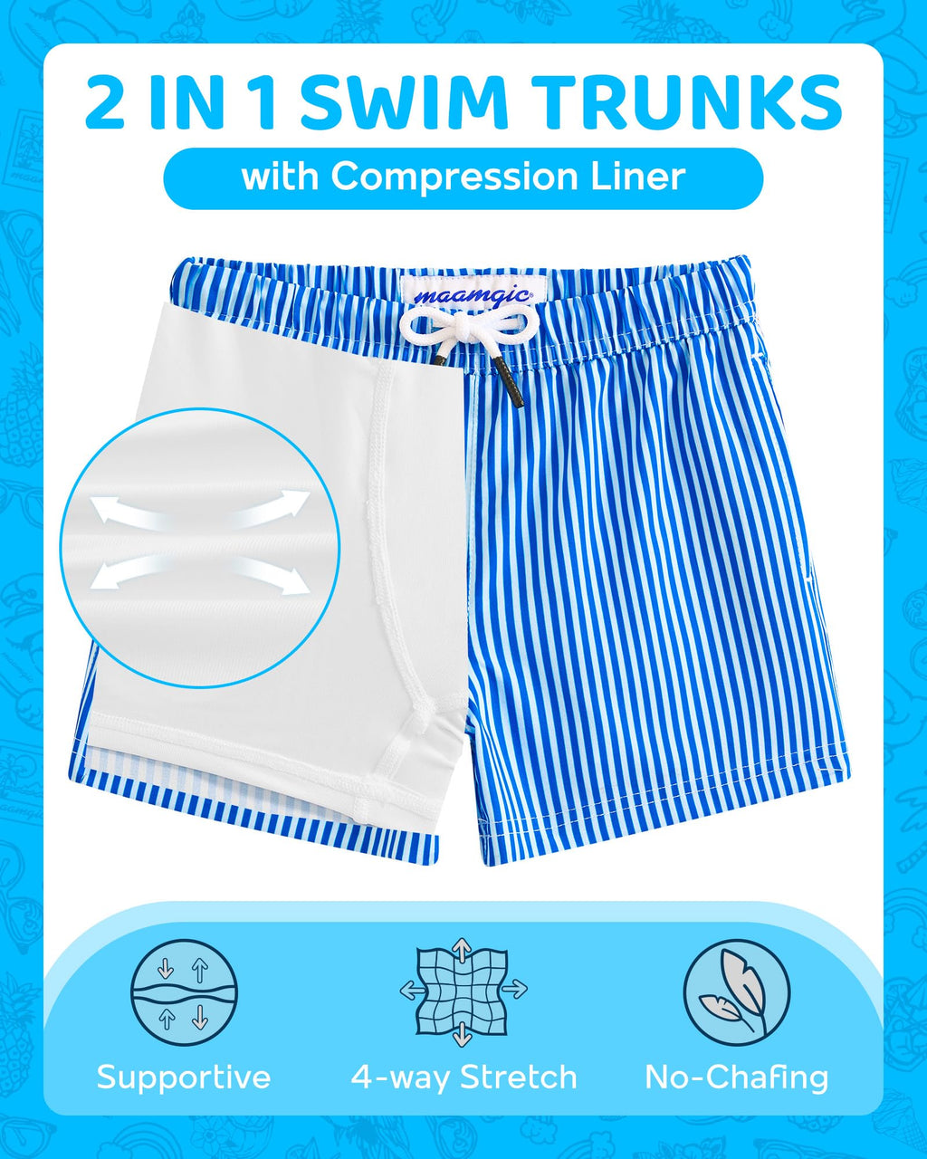 maamgic Boys Swim Trunks with Compression Liner 4-Way Stretch Quick Dry Bathing Suit Toddler Beach Shorts Blue White Stripes 5-6 Years