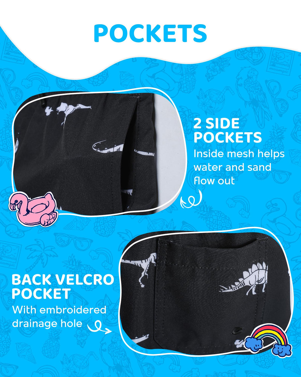 maamgic Boys Swim Trunks with Compression Liner 4-Way Stretch Quick Dry Swim Shorts Swimming Trunks Toddler Boy Dinosaur Black 2T