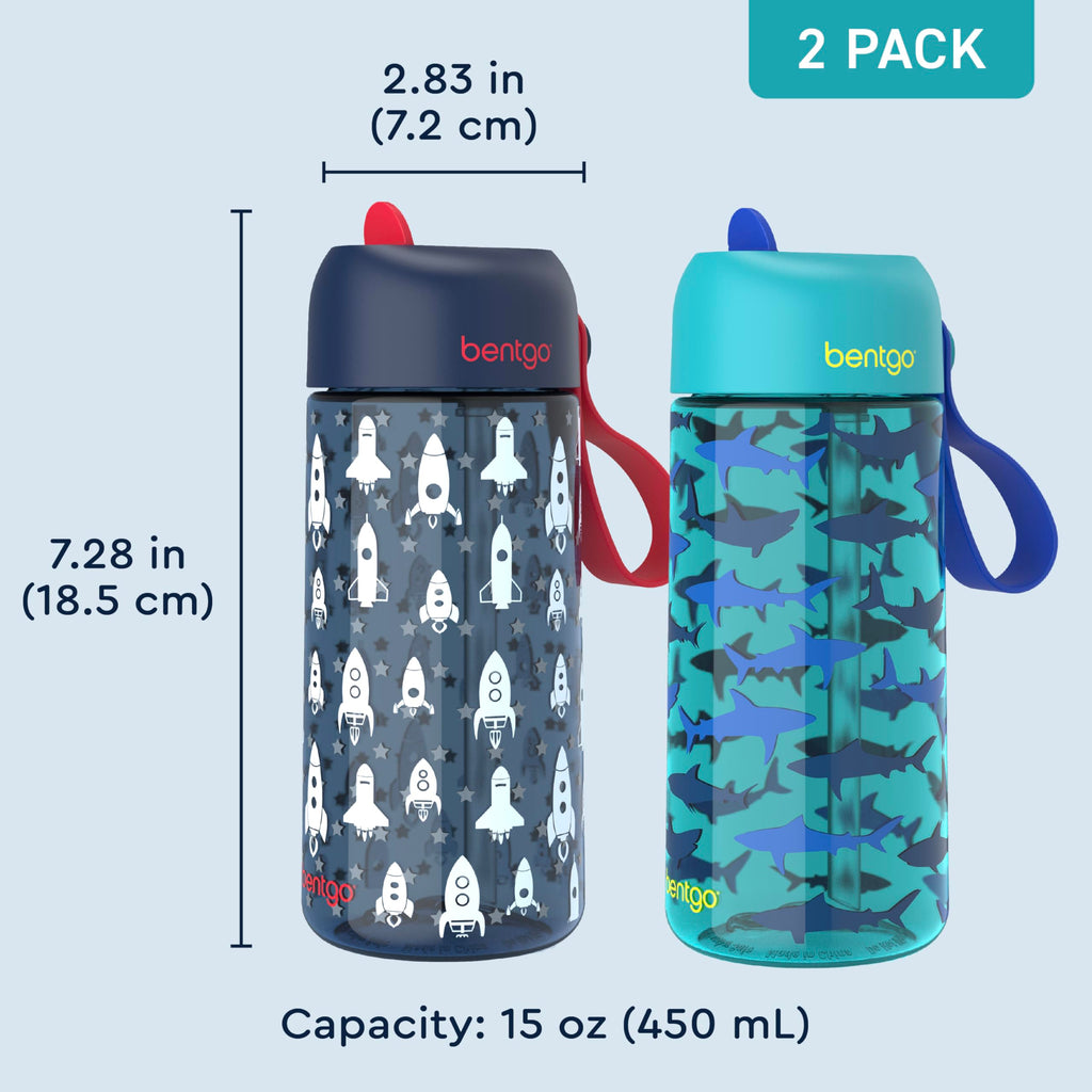 Bentgo Kids Water Bottle 2-Pack - Leak-Proof Durable Tritan BPA-Free 15 oz Cup for Kids/Toddlers Ages 3+; Bite & Sip Spout + Dishwasher Safe for School/Sports/Daycare/Camp (Rocket/Shark)