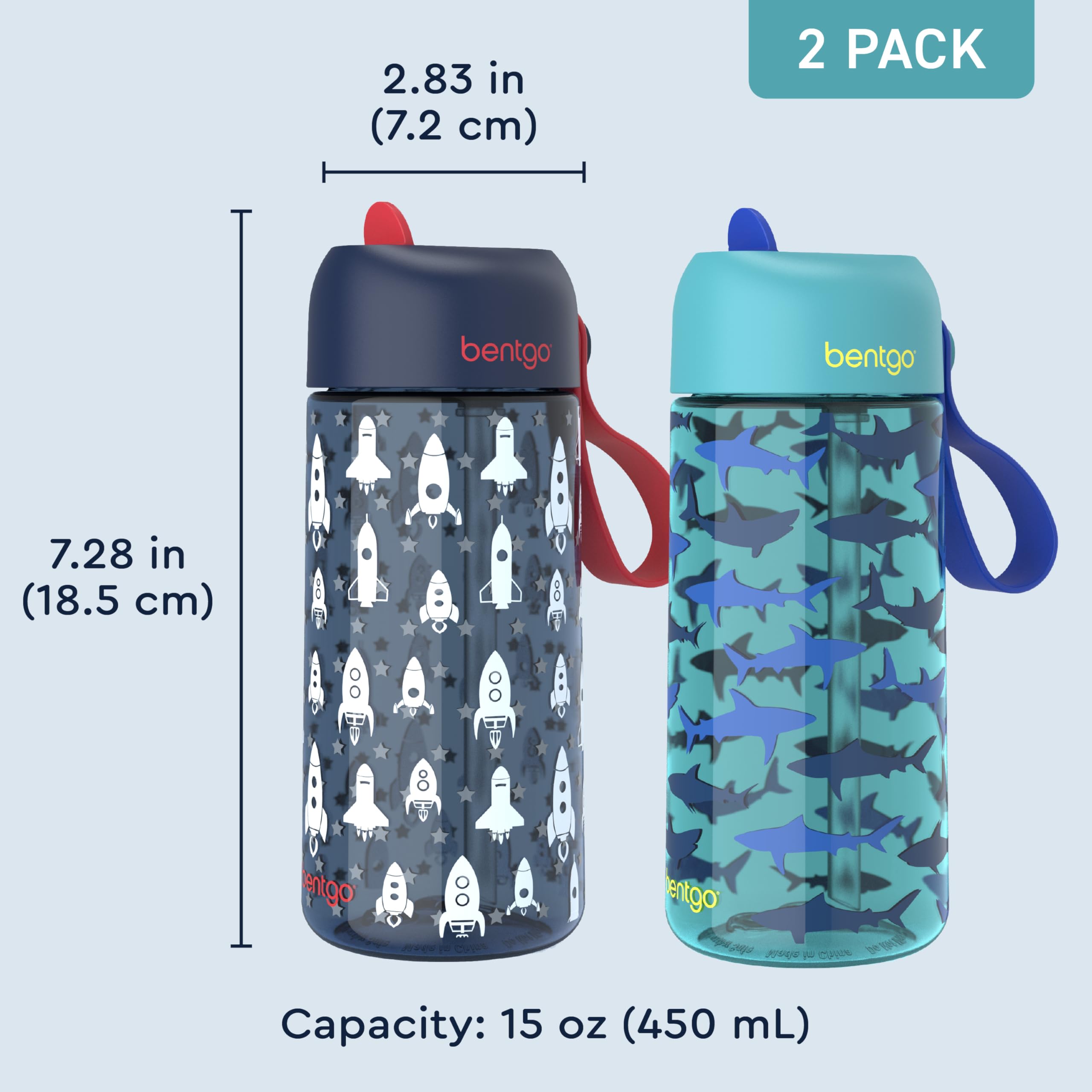 Bentgo Kids Water Bottle 2-Pack - Leak-Proof Durable Tritan BPA-Free 15 oz Cup for Kids/Toddlers Ages 3+; Bite & Sip Spout + Dishwasher Safe for School/Sports/Daycare/Camp (Rocket/Shark)